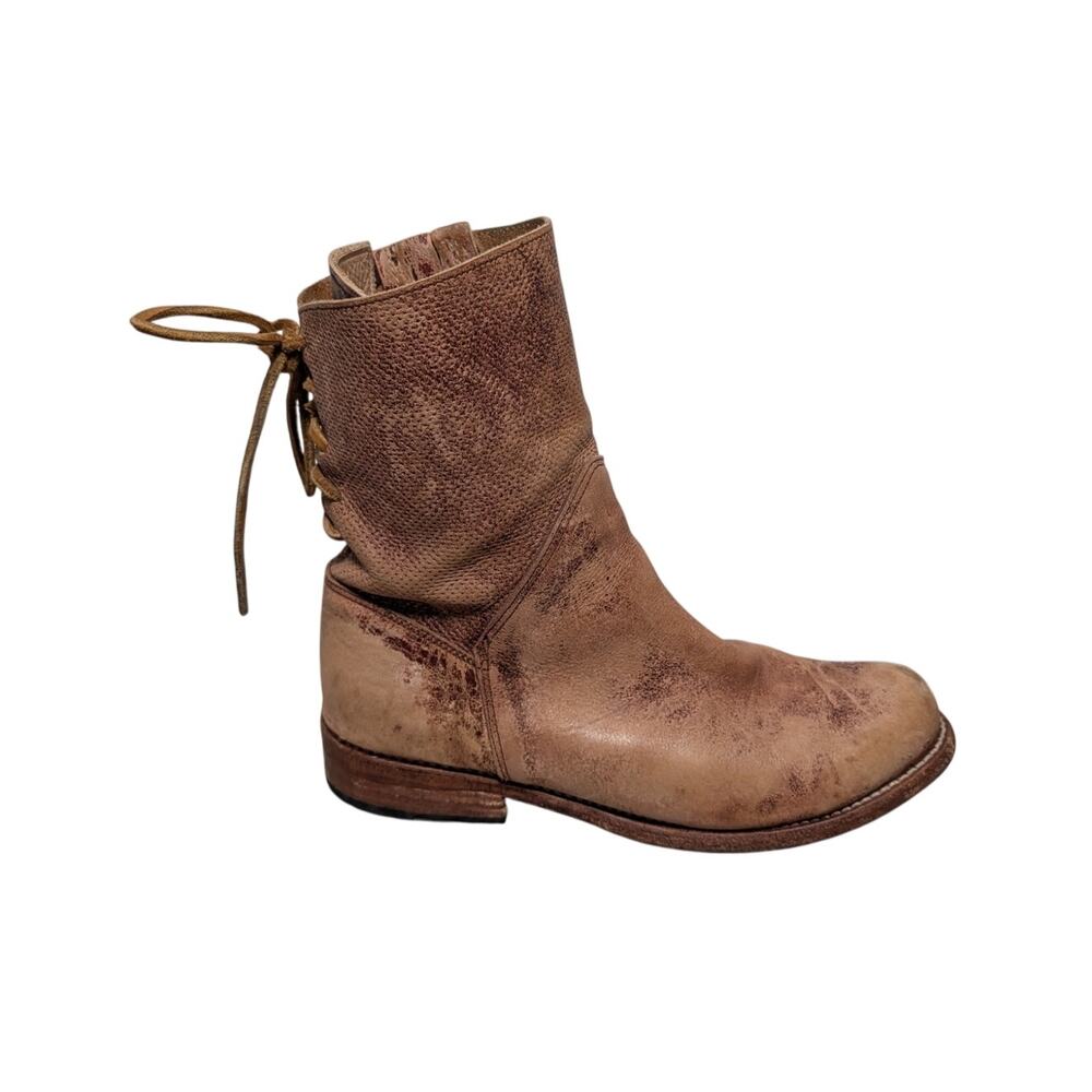 Bed Stu Manchester Boots Womens 8.5 Tan Distressed Leather Lace Back Ankle